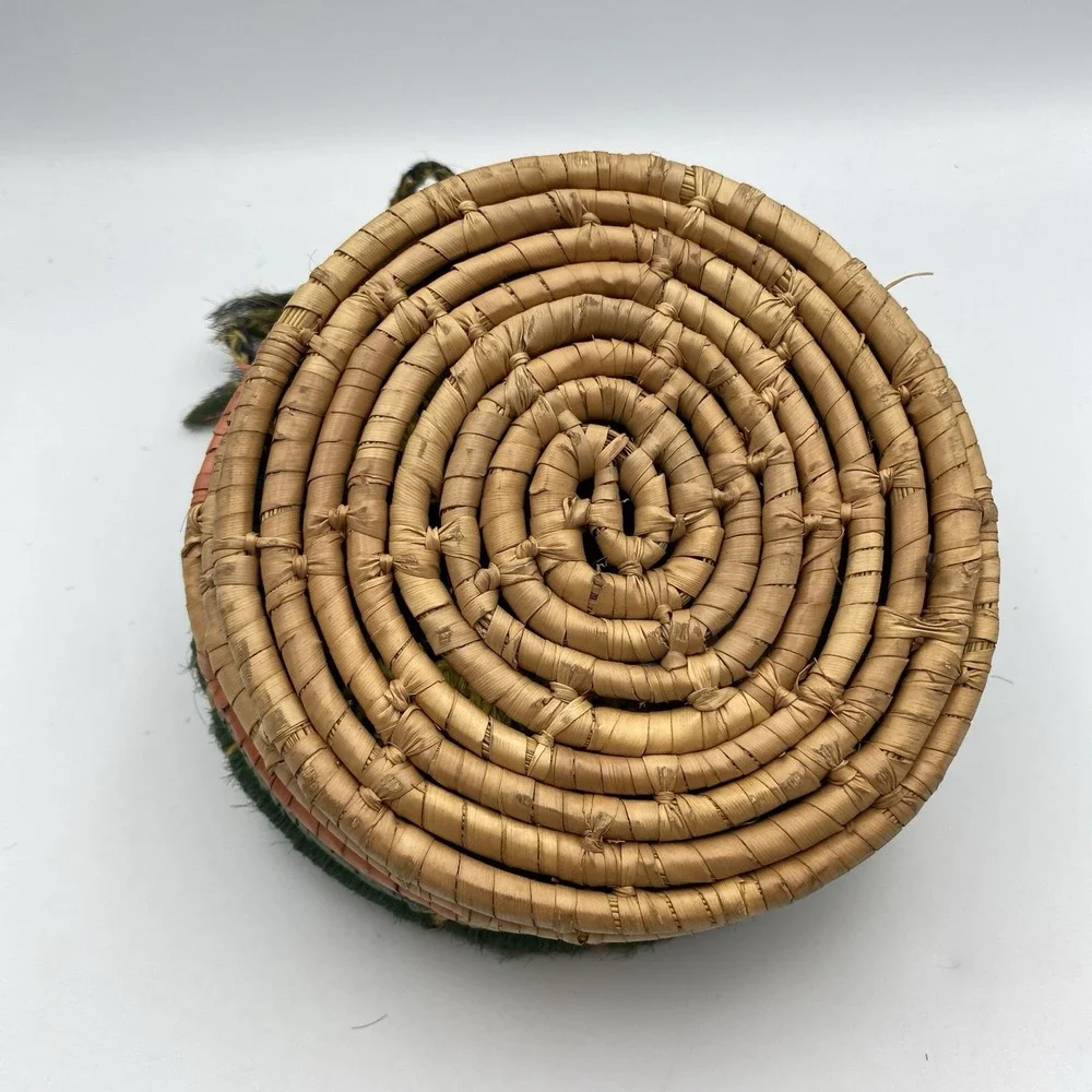 Vintage Woven Crochet‎ Tortilla? Basket Multicolor Drawstring Closure 6